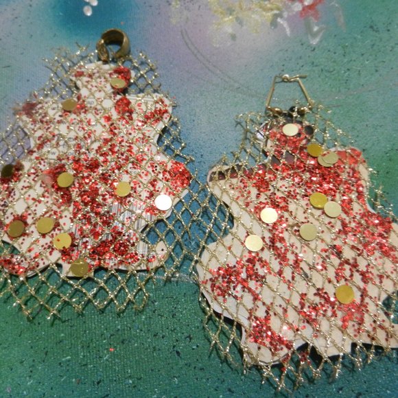 VTG Handmade paper crafted earrings black red gold mesh glitter clip or pierce - Picture 5 of 5